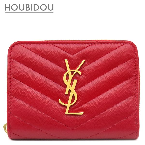 サンローラン SAINT LAURENT 二つ折り財布 カサンドラ Vステッチ コンパクトジップ レザー レッド ゴールド金具 モノグラム 403723【中古】