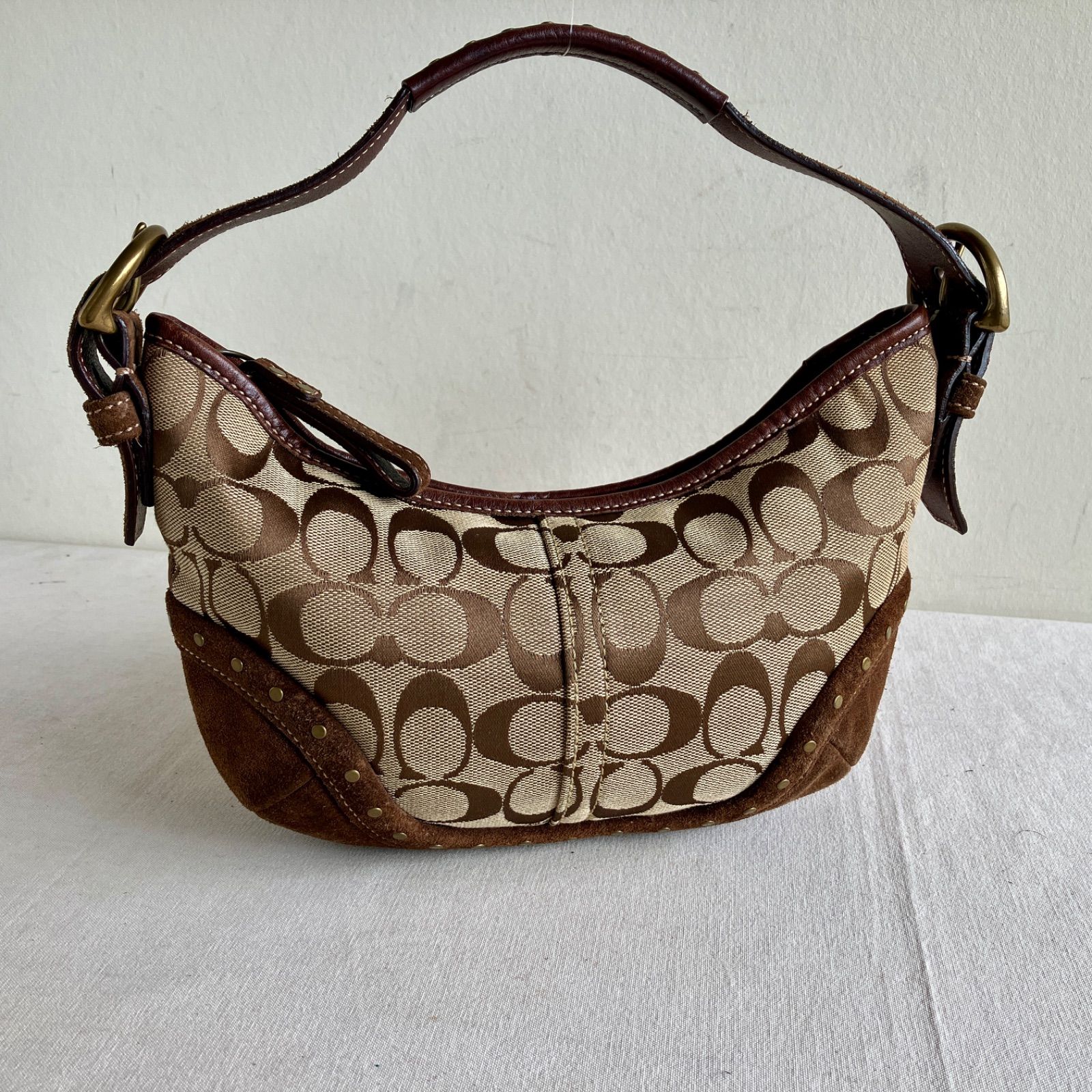 Vintage Coach Soho Signature Studded Suede Hobo Shoulder Bag Khaki 