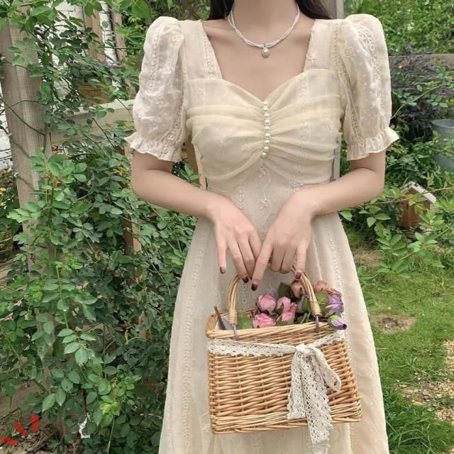 【送料無料】茶会フレンチワンピース 桔梗 清楚 レトロ 上品 可塩可甜 シック 森ガール レディース 夏 デート 優しい色合いとレトロなシルエットが森の妖精のように包む、夏の可憐ワンピース