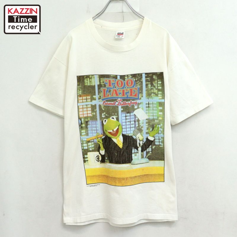 90s USA製 vintage Anvil TOO LATE with Kermit Letterfrog カーミット パロディー プリント 半袖Ｔシャツ メンズ 表記XLサイズ