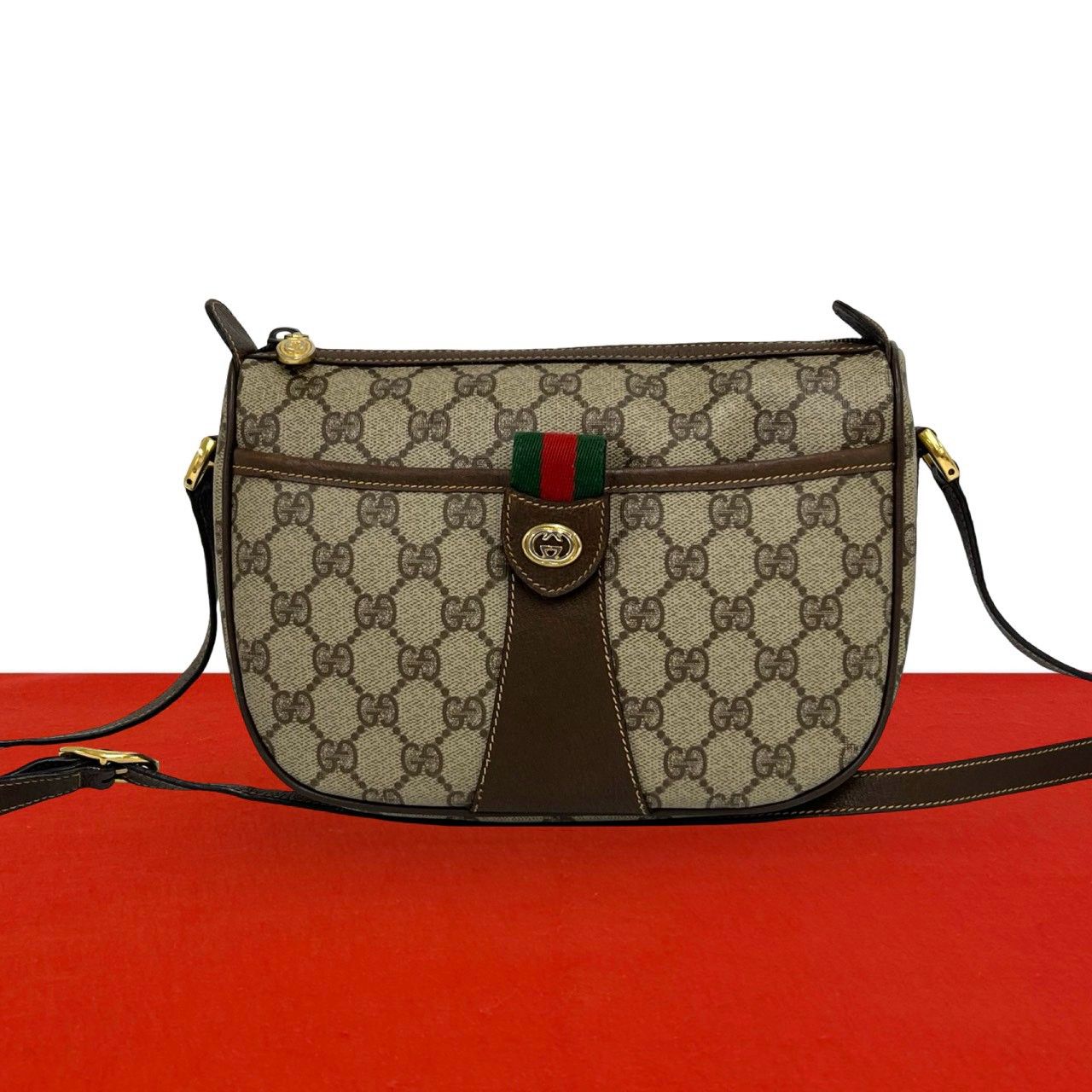 極 美品 GUCCI グッチ オールドグッチ ヴィンテージ シェリーライン GG ロゴ 金具 レザー 本革 ショルダーバッグ ブラウン 00816