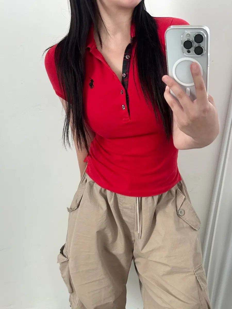 ポロラルフローレン レッド CHECK 5ボタン スリムフィット KARA Tシャツ