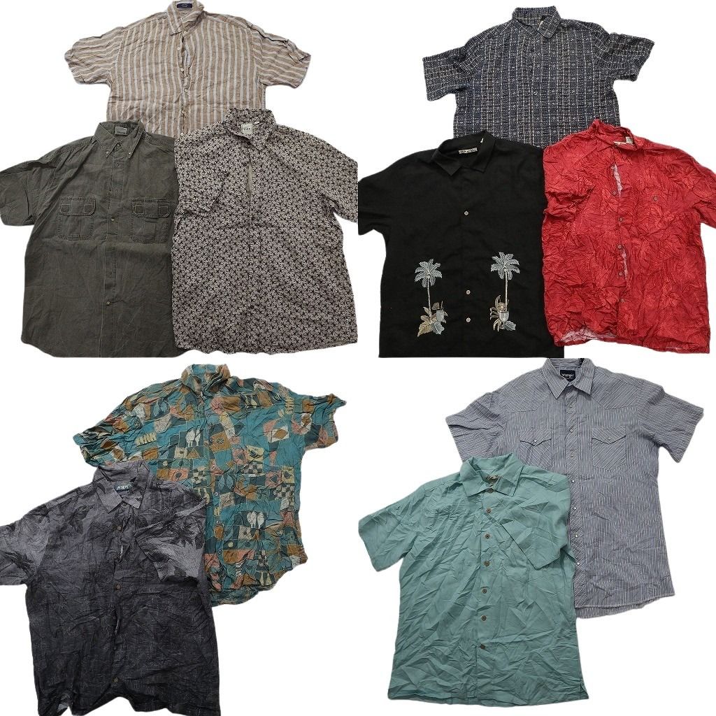 古着卸 まとめ売り 半袖シャツ 10枚セット ( メンズ L/Ｍ ) ダブルフラップ ストライプ ボタンダウン ボックスシルエット 中古 古着 NG1018