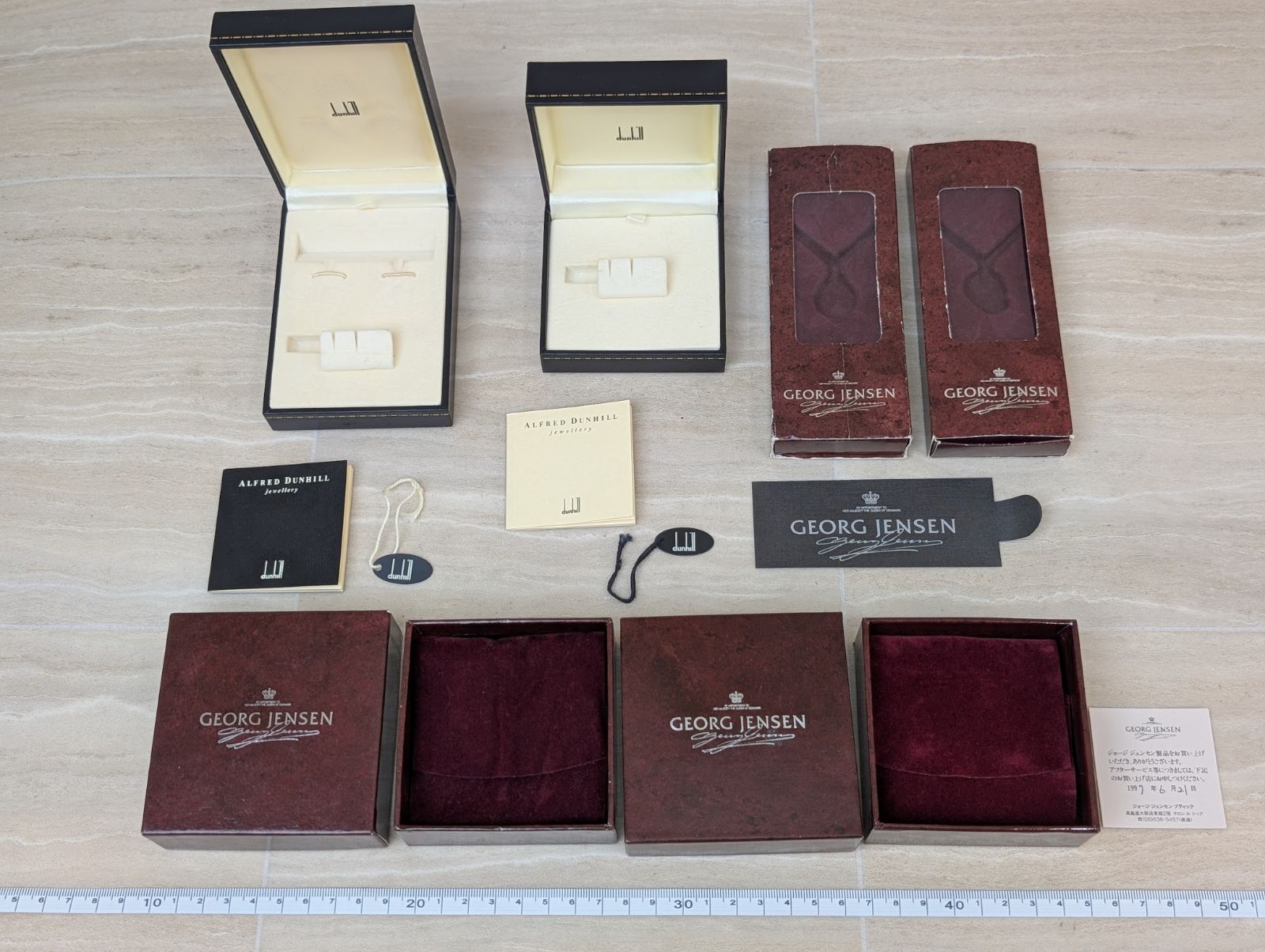 まとめ売り　GEORG JENSEN　ジョージ・ジェンセン　dunhill　ダンヒル　ジュエリー　アクセサリー　ネクタイピン　タイピン　カフス　ネックレス　ペンダント　空箱　空き箱　箱　ボックス　BOX　ケース　ブラック　黒　ワインレッド　ベルベット
