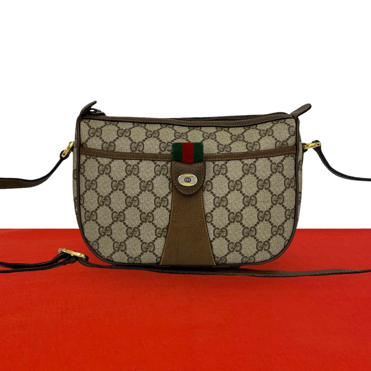 極 美品 GUCCI グッチ オールドグッチ ヴィンテージ シェリーライン GG ロゴ 金具 レザー ショルダーバッグ ポシェット ブラウン 19784