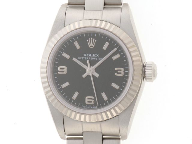 ROLEX ロレックス ウォッチ オイスター パーペチュアル 時計 76094 腕時計 ホワイトゴールド ブラック文字盤 シルバー レディース【中古】431