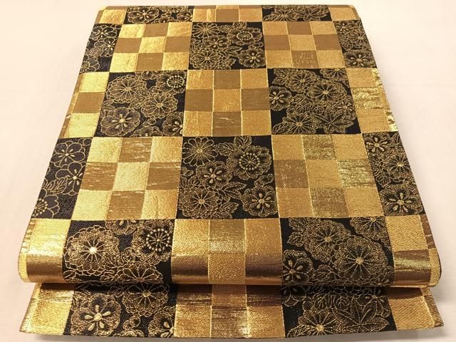 平和屋着物●六通柄袋帯　市松花文　黒地　金糸　正絹　逸品　CABL6108vp 22,464円