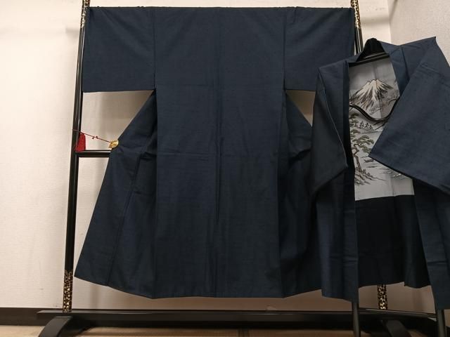 平和屋着物●男性　紬　アンサンブル　色無地　藍鉄色　正絹　逸品　AABL1687ph