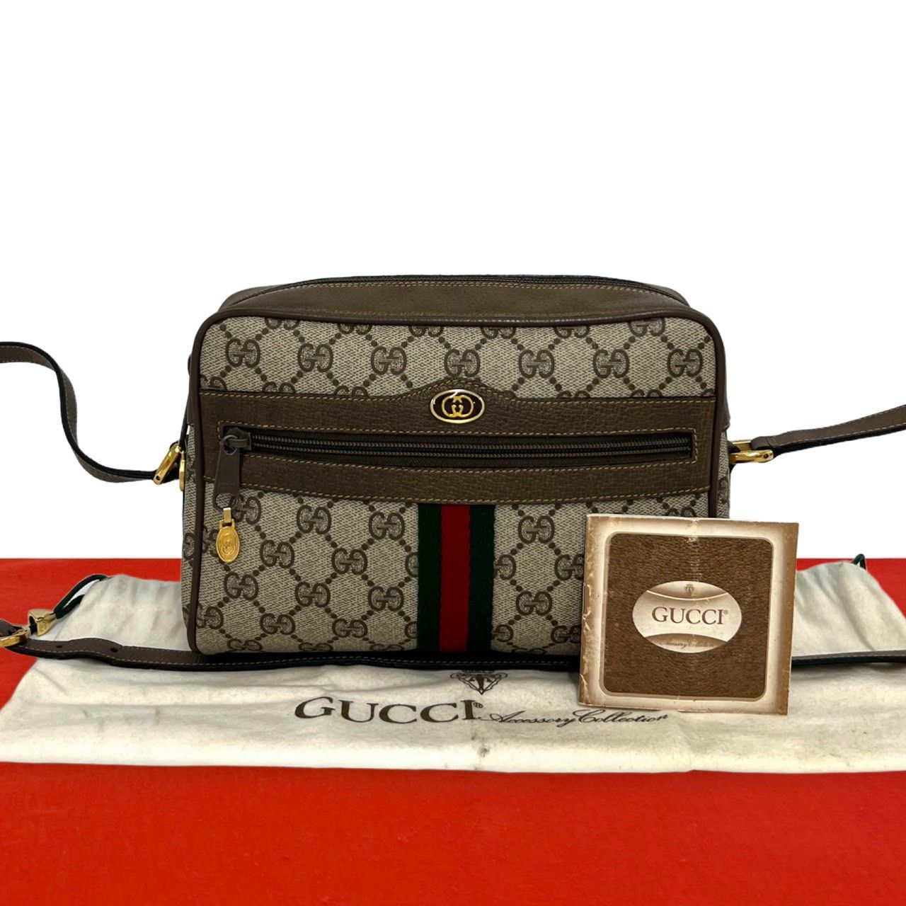 極 美品 GUCCI グッチ オールドグッチ ヴィンテージ シェリーライン GG ロゴ 金具 レザー ショルダーバッグ ポシェット ブラウン g1252