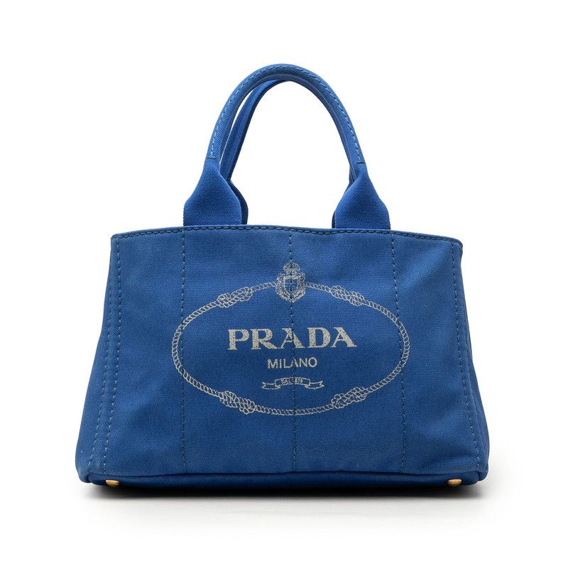 プラダ 三角ロゴプレート カナパ トートバッグ ハンドバッグ ブルー ゴールド キャンバス レディース PRADA【1-0283337】