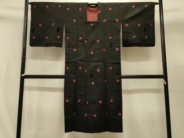 平和屋着物＃道行コート　単衣　花唐草文　黒地　ロング丈　正絹　逸品　CABI6359in