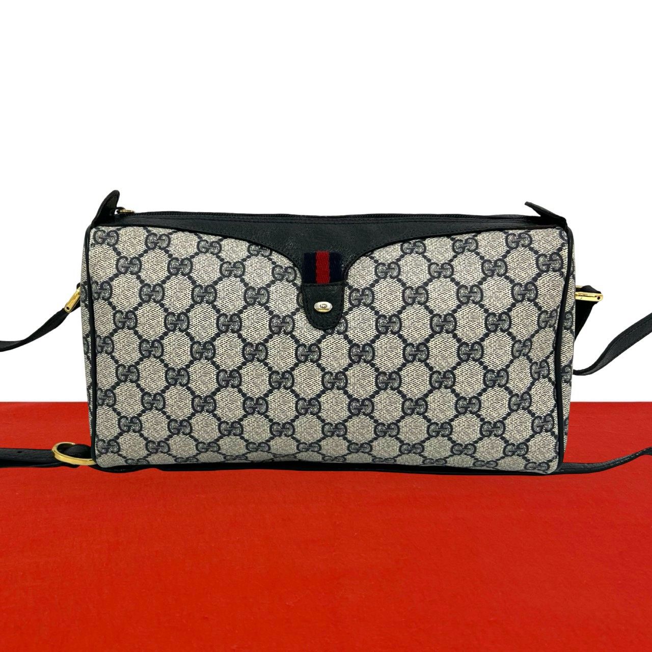 極 美品 GUCCI グッチ ヴィンテージ オールドグッチ シェリーライン GG ロゴ 金具 レザー 本革 ショルダーバッグ ネイビー 820-6