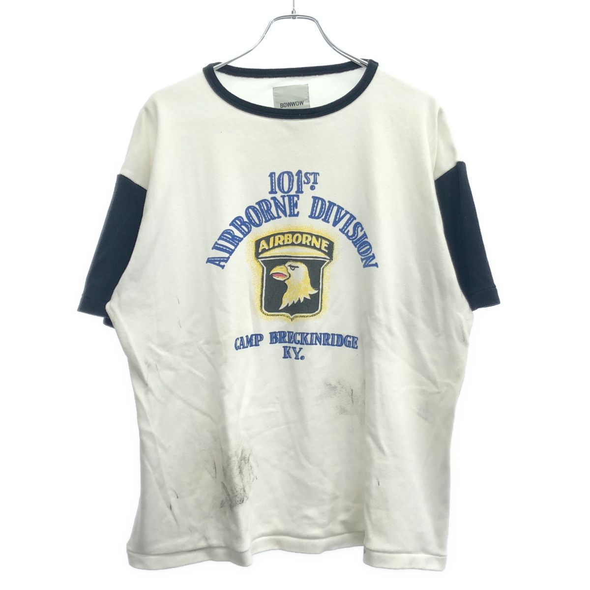 BOWWOW バウワウ 101ST AIRBORNE DIV. RIBBED SS CS AGED ロゴプリントフェードTシャツ ホワイト×ブラック M