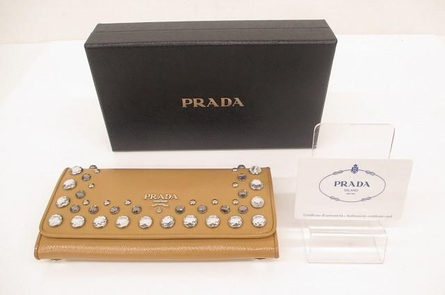 優良品 プラダ PRADA サフィアーノ SAFFIANO VERNIC 1M1132 長財布 プラダ ウォレット ビジュー ロングウォレット CAMMEO ピンクベージュ
