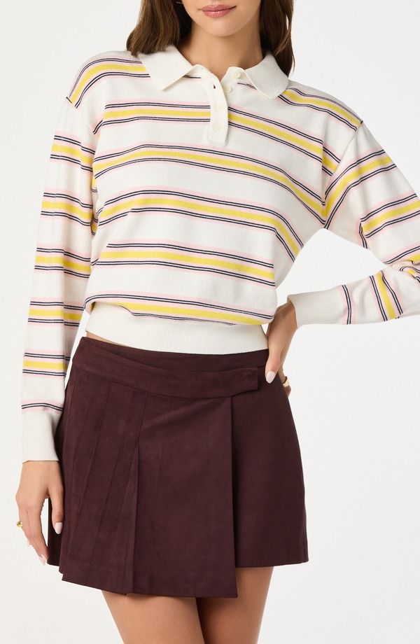 アストール レディース トップス ポロシャツ コットン ASTR the Label Stripe Long Sleeve Cotton Polo White Yellow Stripe ホワイト