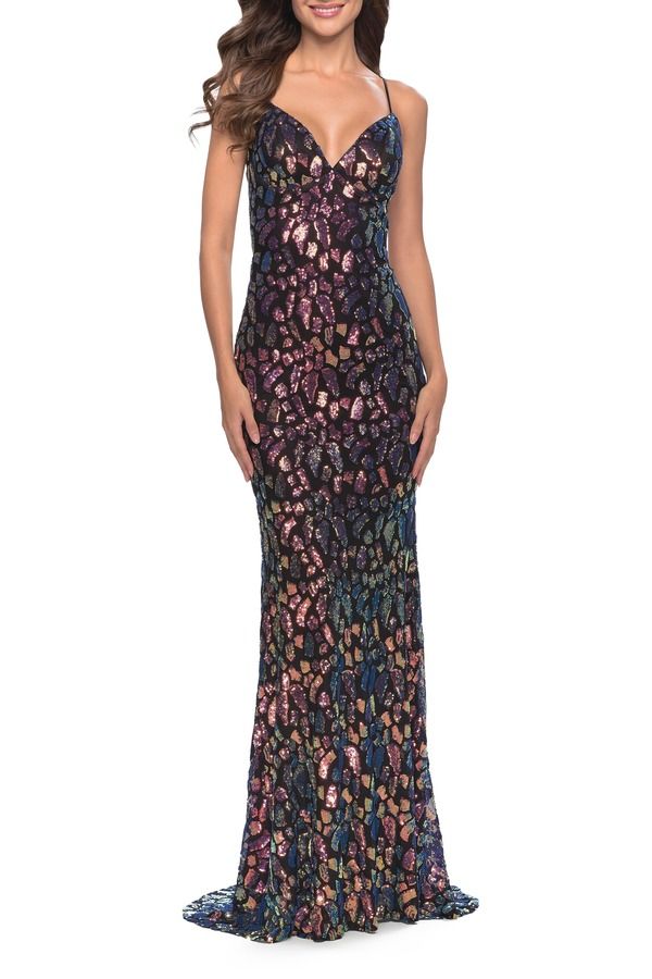 ラフェム レディース トップス ワンピース プリント スパンコール レース La Femme Multi Color Print Sequin Dress with Lace Up Back Blac 43,420円