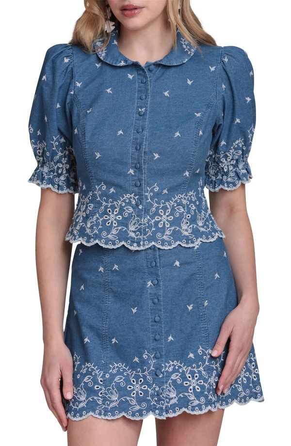 アヴェックレフィーユ レディース トップス シャツ 刺繍 Avec Les Filles Embroidered Puff Sleeve Scallop Crop Chambray Shirt Nee
