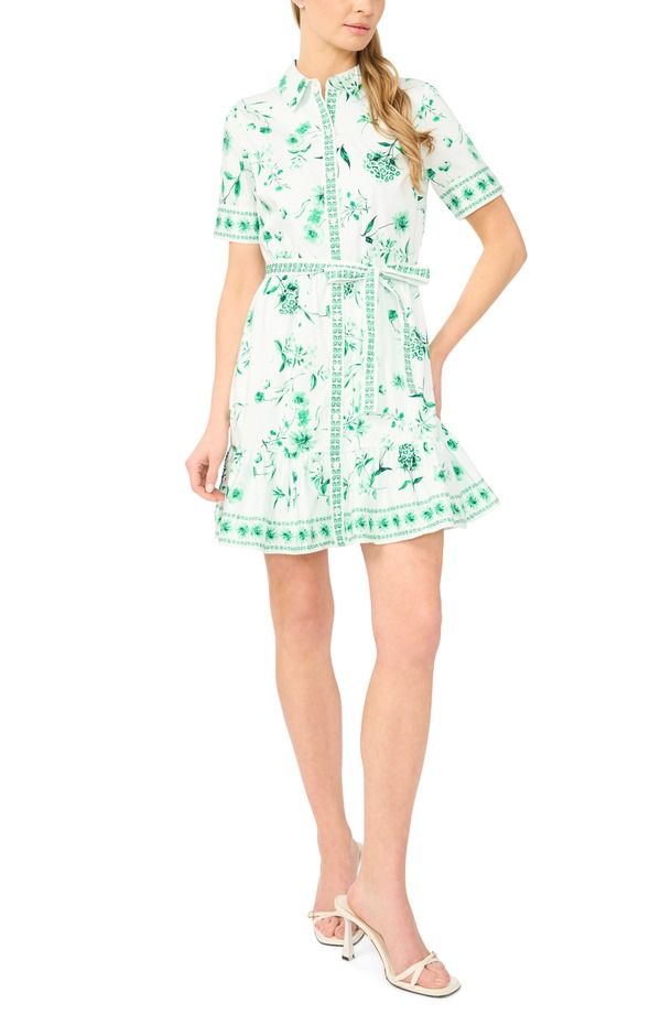 セセ レディース トップス ワンピース フラワー柄 ミニ シャツ コットン フラワー CeCe Floral Stretch Cotton Mini Shirtdress Vibrant Kelly