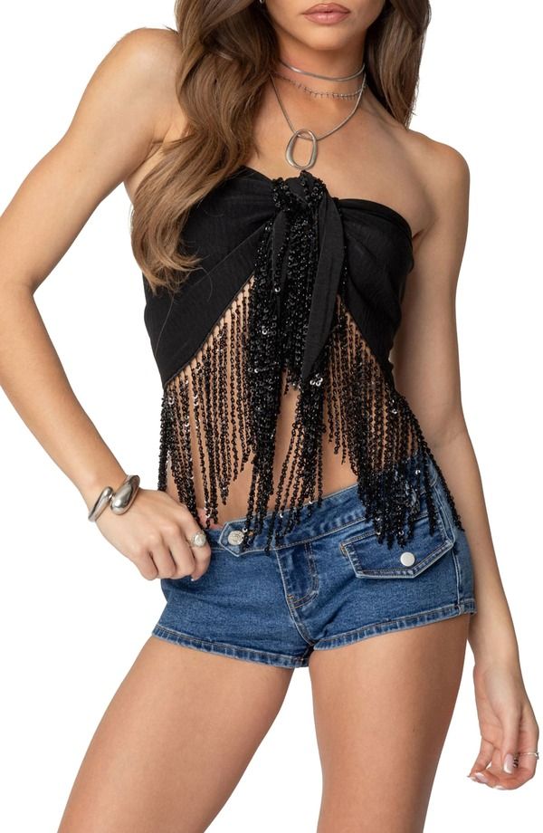 アディクテッド レディース トップス シャツ スパンコール ストラップレス フリンジ EDIKTED Jenna Sequin Fringe Strapless Top Black ブラック