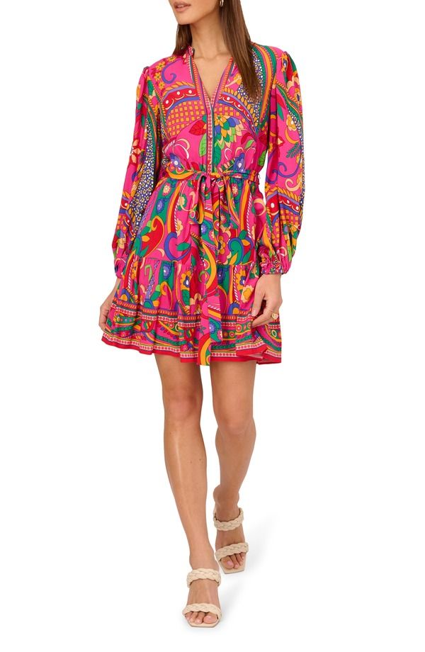アドリアナ パペル レディース トップス ワンピース プリント Adrianna Papell Printie Waist Long Sleeve Dress Pink Multi ピンク