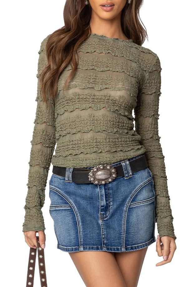 アディクテッド レディース トップス シャツ シアー レース EDIKTEDaisey Textured Sheer Lace Top Olive オリーブ 7,650円