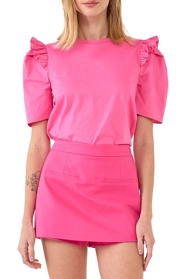 イングリッシュファクトリー レディース トップス シャツ フリル ミニ English Factory Mini Ruffle Puff Sleeve TShirt Hot Pink ピンク