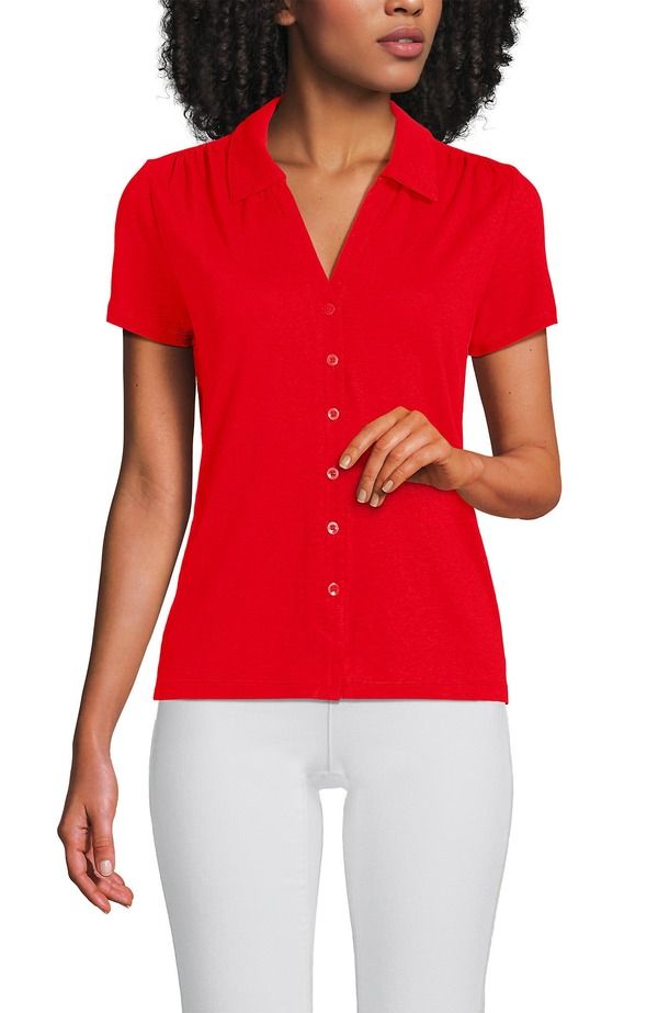 ランズエンド レディース トップス シャツ プラスサイズ リネン Lands End Plusize Linen Blend Short Sleeve Button Front Polo Top Co