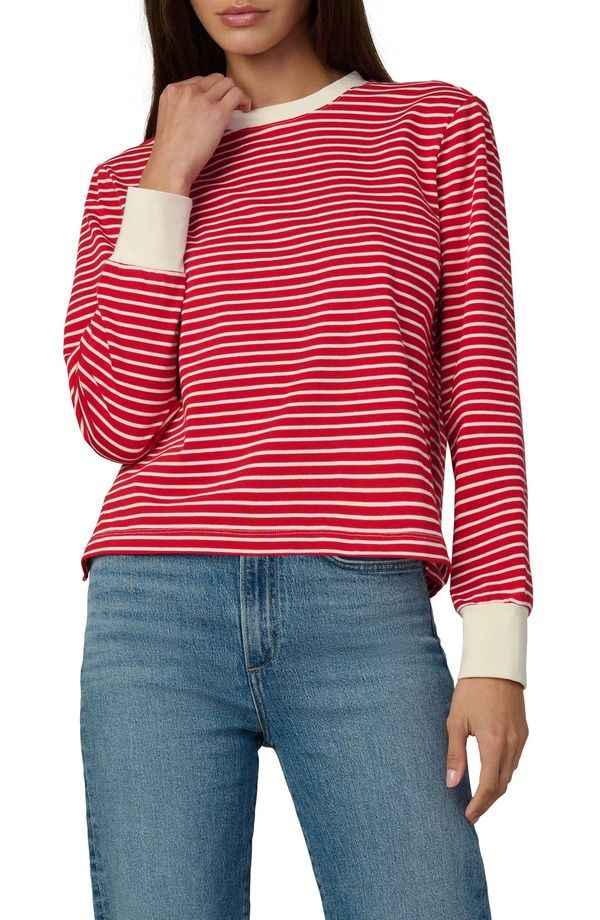 ジョーズ レディース トップス シャツ コットン Joestripe Long Sleeve Cotton TShirt Cherry Red Ecru Stripe エクリュ