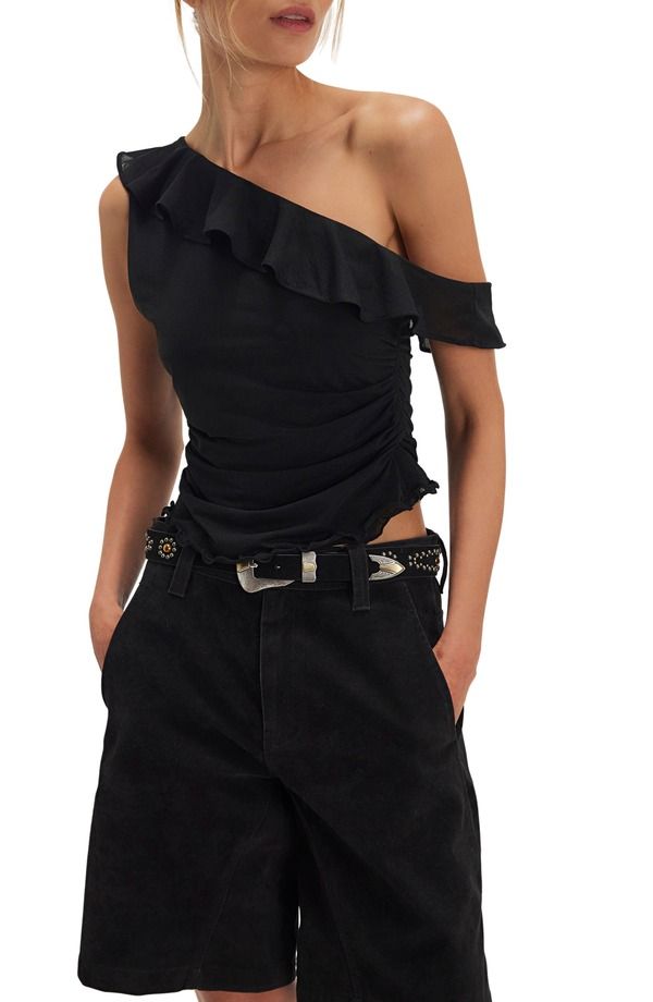 フリーピープル レディース トップス シャツ フリル ワンショルダー Free People Isla Ruffle OneShoulder Crop Top Black ブラック
