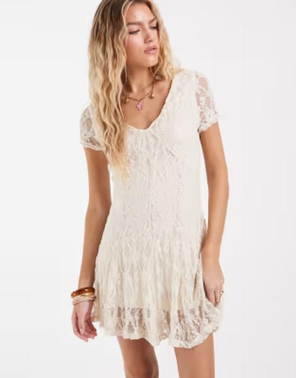 オンリー レディース トップス ワンピース Vネック ミニ レース ONLY vneck lace mini dress WHITE ホワイト