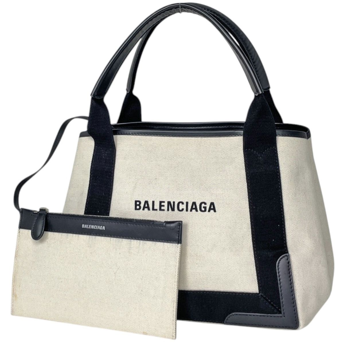 バレンシアガ BALENCIAGA トートバッグ ネイビー スモール カバス キャンバス アイボリー ブラック 339933 レディース 【中古】