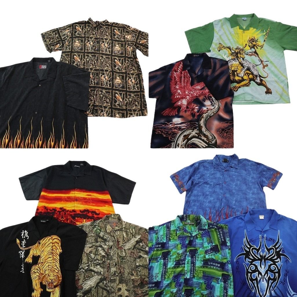 古着卸 まとめ売り モチーフ 柄 半袖シャツ 10枚セット ( メンズ 5XL/３XL ) ファイアーパターン ドラゴンモチーフ リアルツリー NG0790
