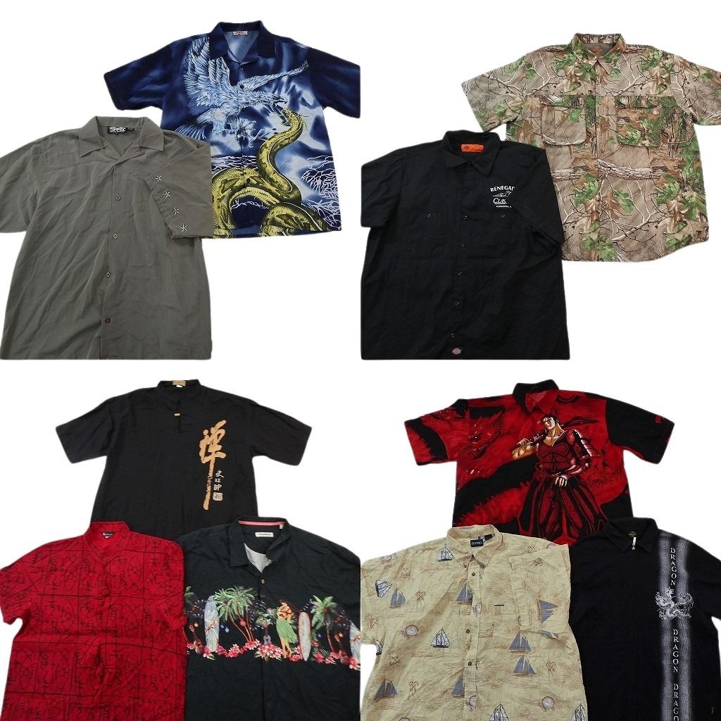 古着卸 まとめ売り モチーフ 柄 半袖シャツ 10枚セット ( メンズ 2XL ) ドラゴンモチーフ 和柄モチーフ リアルツリー 中古 古着 NG0793