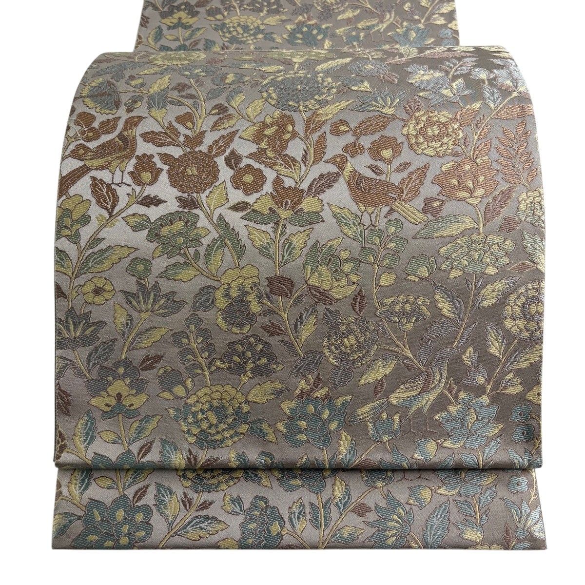 【美品】 袋帯 名品 箔屋清兵衛 落款 草花 鳥 灰紫 六通 正絹 【中古】