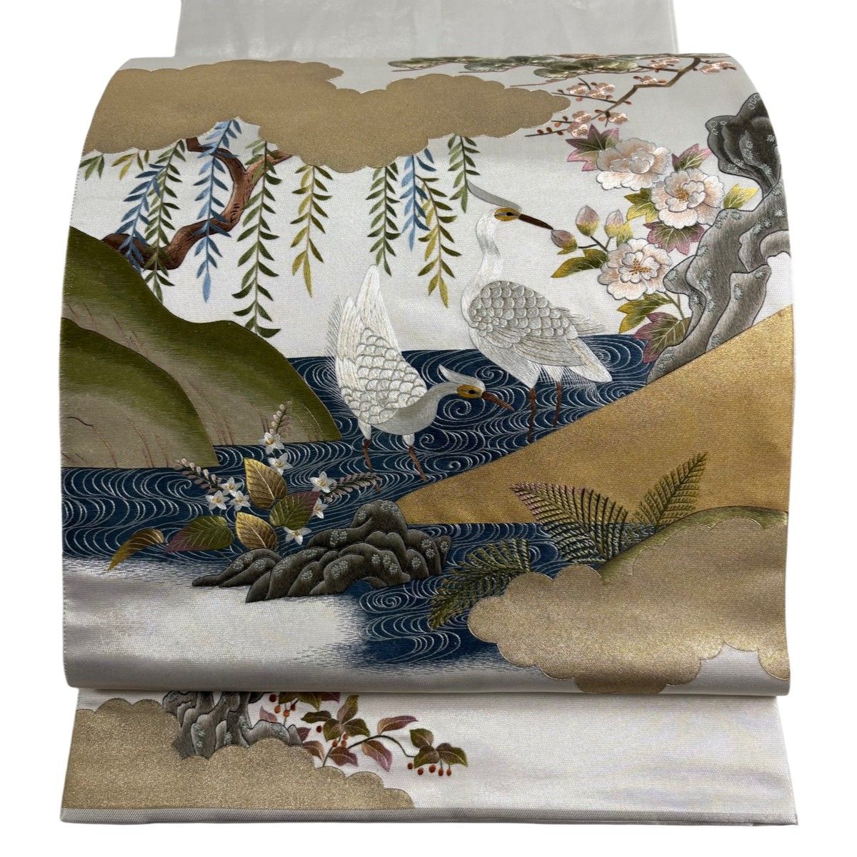 袋帯 名品 花鳥 雲文 金糸 刺繍 灰白 お太鼓柄 正絹 【中古】