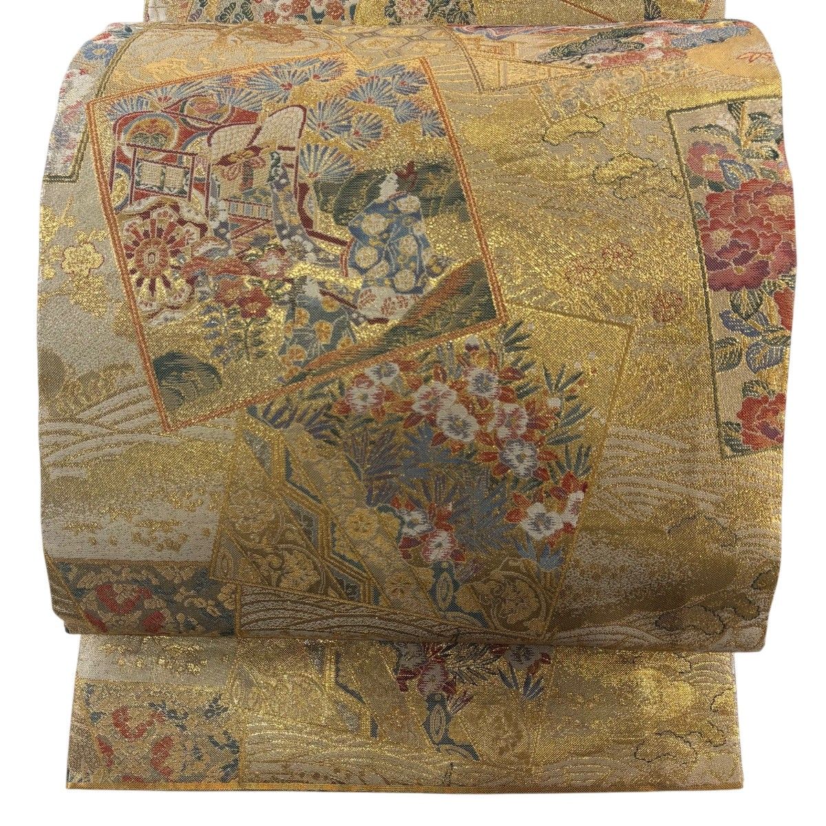 【美品】 丸帯 名品 色紙 人物 金糸 箔 金色 六通 正絹 【中古】 12,994円