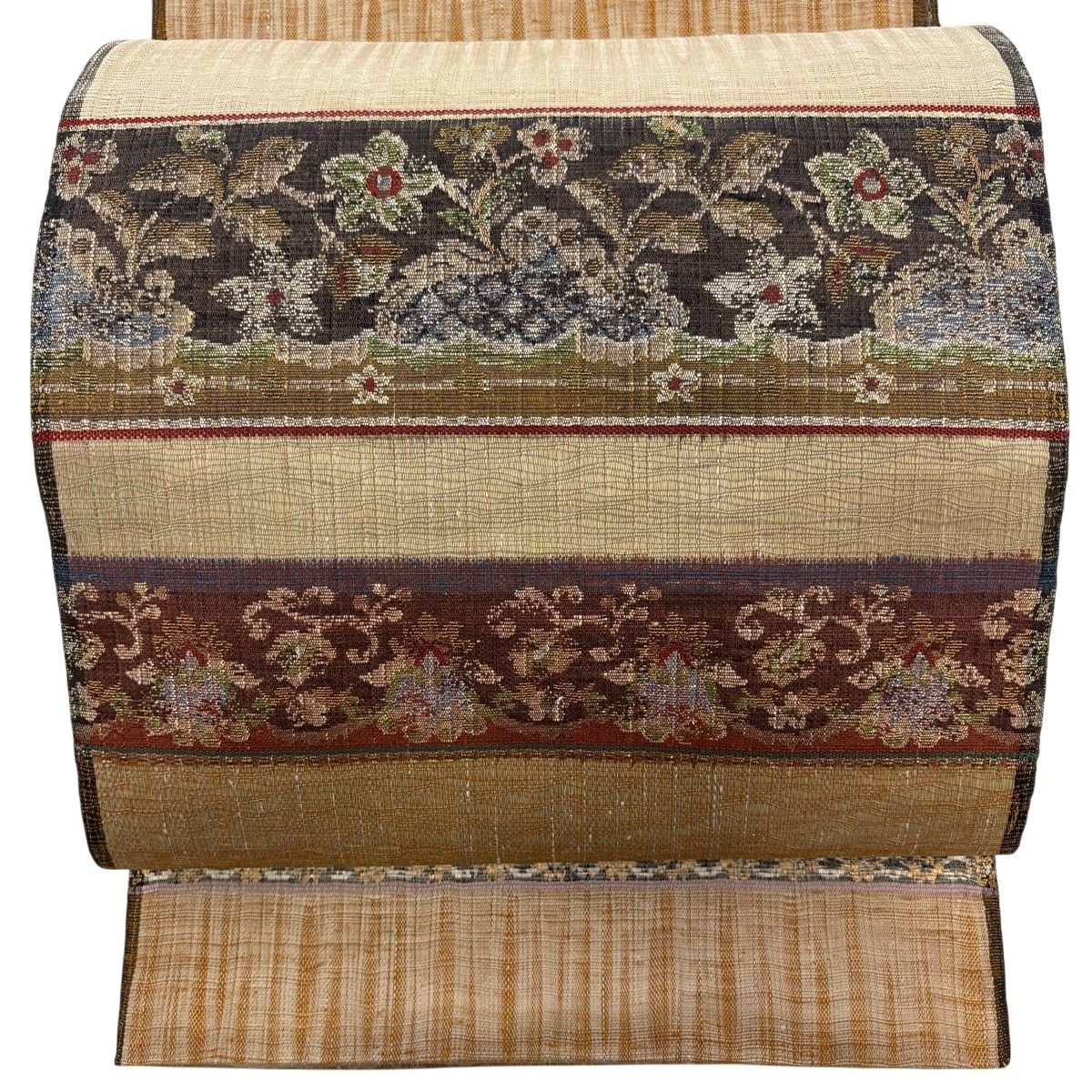 【美品】 袋帯 名品 渡文 落款 草花 縞 金糸 箔 薄茶色 お太鼓柄 正絹 【中古】