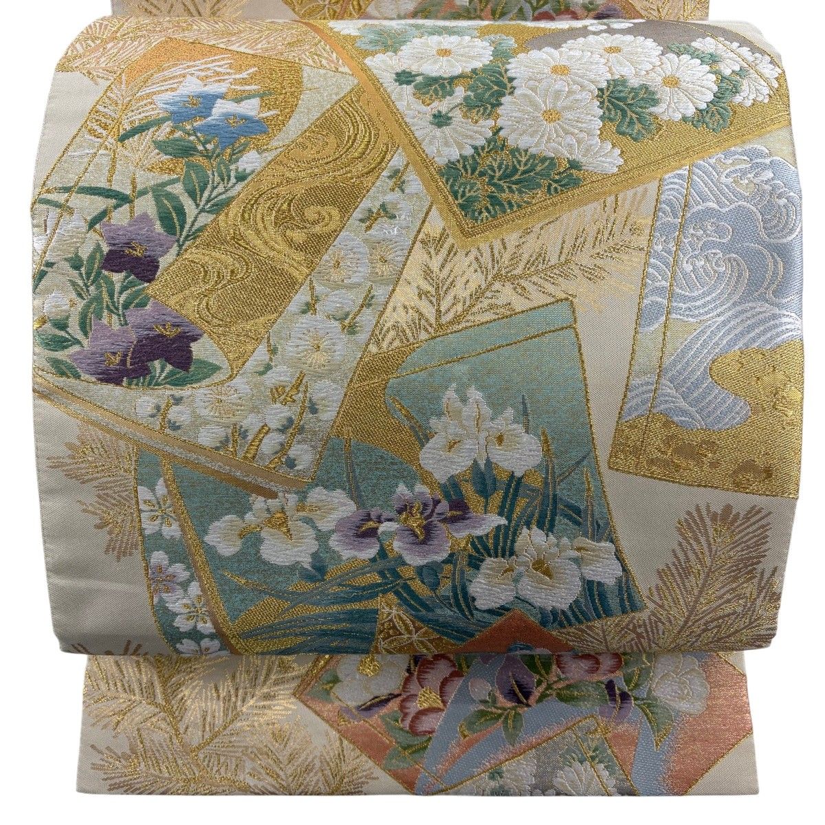 【美品】 袋帯 名品 やまと 絵本琳派文 金糸 刺繍 ベージュ 六通 正絹 【中古】
