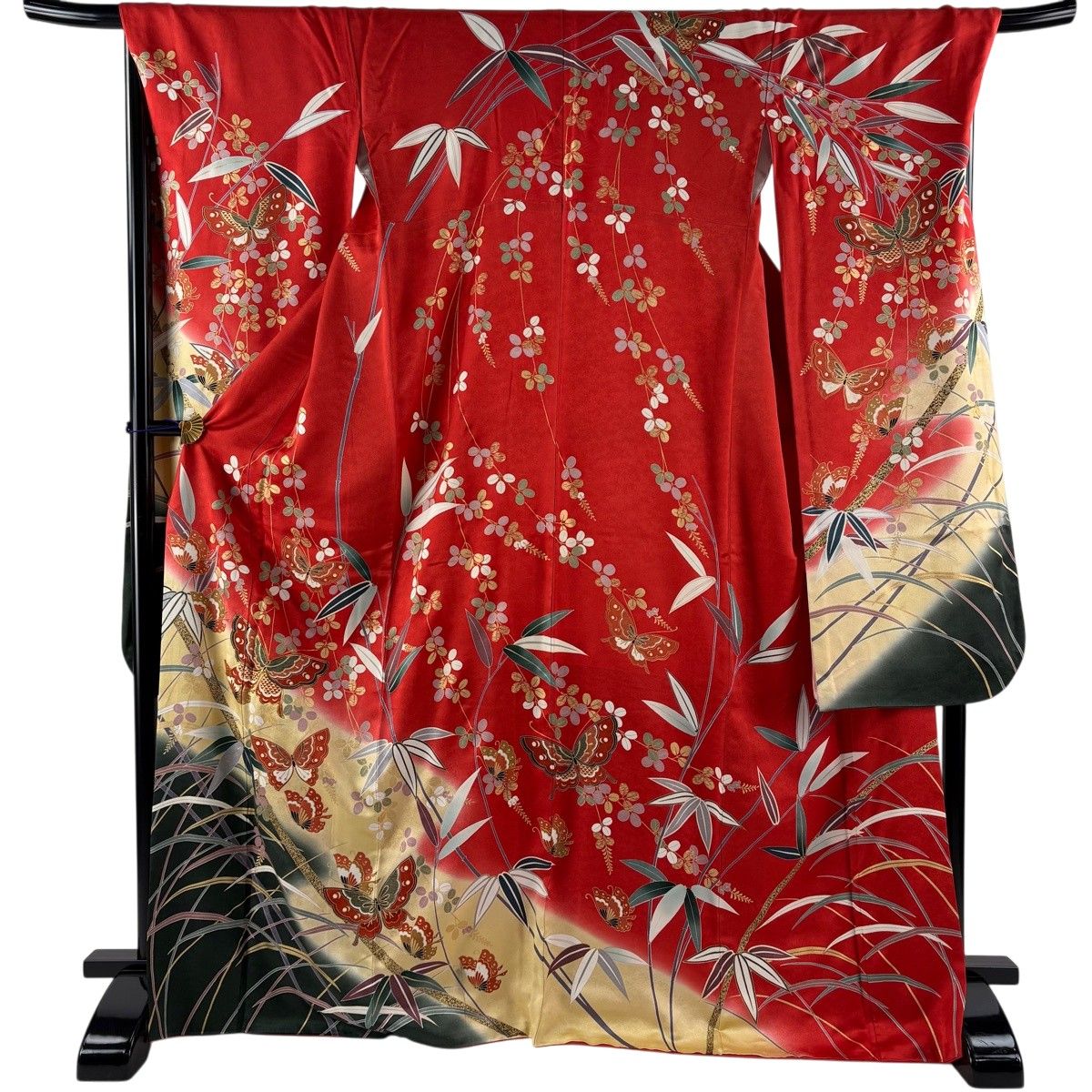 振袖 身丈167cm 裄丈69.5cm L 袷 蝶 笹 金糸 金彩 茜色 正絹 秀品 【中古】