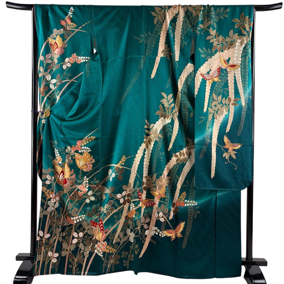 振袖 身丈167cm 裄丈69cm L 袷 蝶 萩 金糸 金彩 緑 正絹 秀品 【中古】