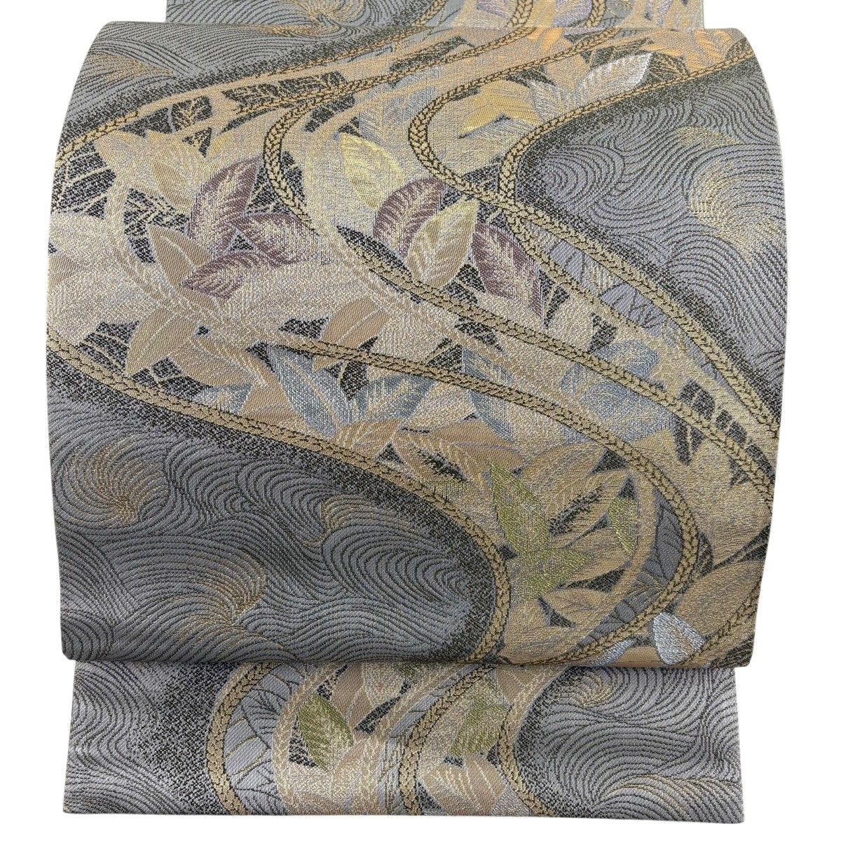 【美品】 袋帯 秀品 葉柄 波 箔 灰色 六通 正絹 【中古】