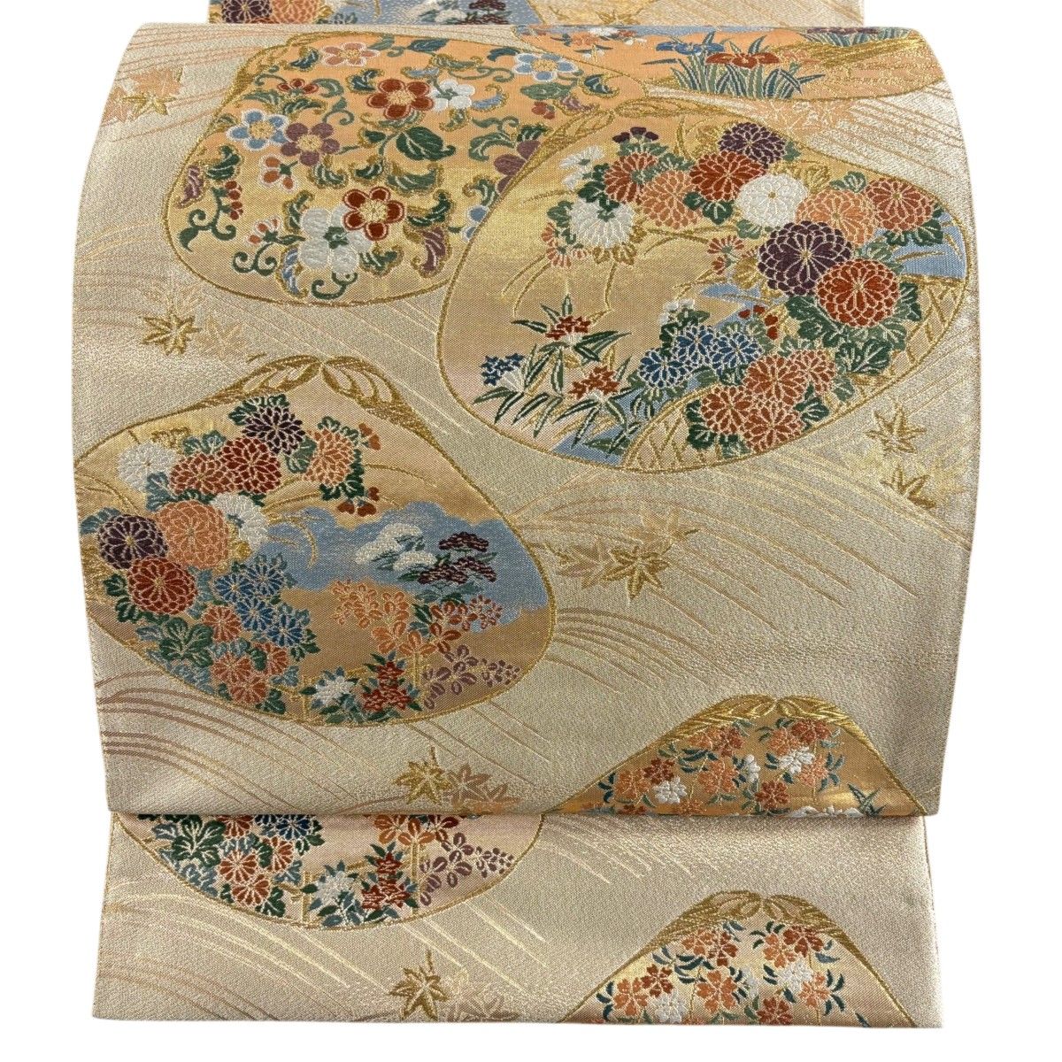 【美品】 袋帯 秀品 貝合わせ 草花 金糸 箔 金色 六通 正絹 【中古】