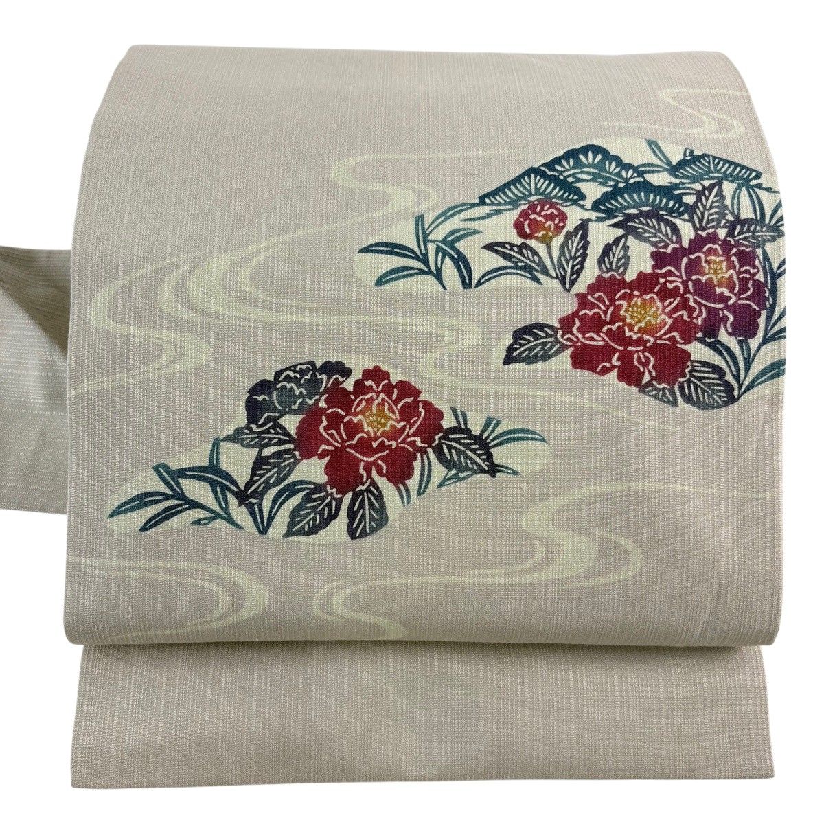 名古屋帯 秀品 草花 流水 薄小豆 正絹 【中古】