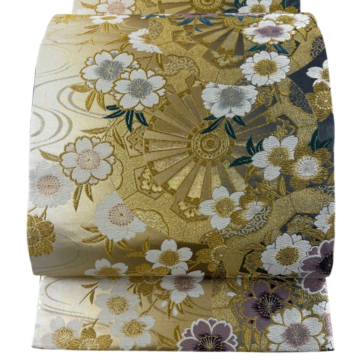 【美品】 袋帯 秀品 桜 片輪車 唐織 箔 ベージュ 六通 正絹 【中古】