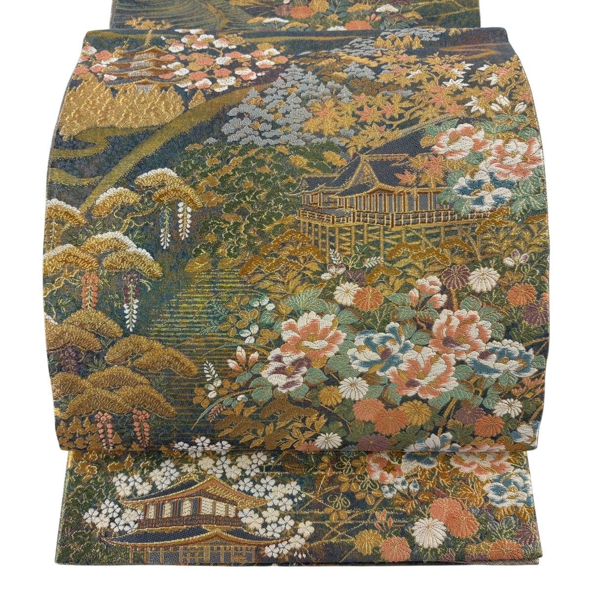 【美品】 袋帯 秀品 清水寺 草花 金糸 刺繍 灰緑 六通 正絹 【中古】
