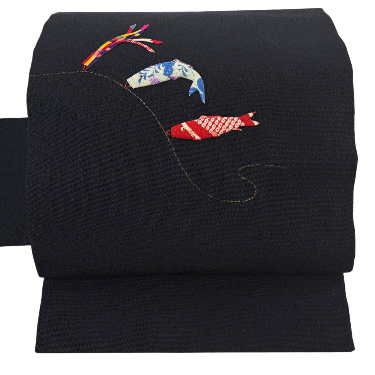 【美品】 名古屋帯 秀品 こいのぼり 金彩 縮緬 黒 正絹 【中古】