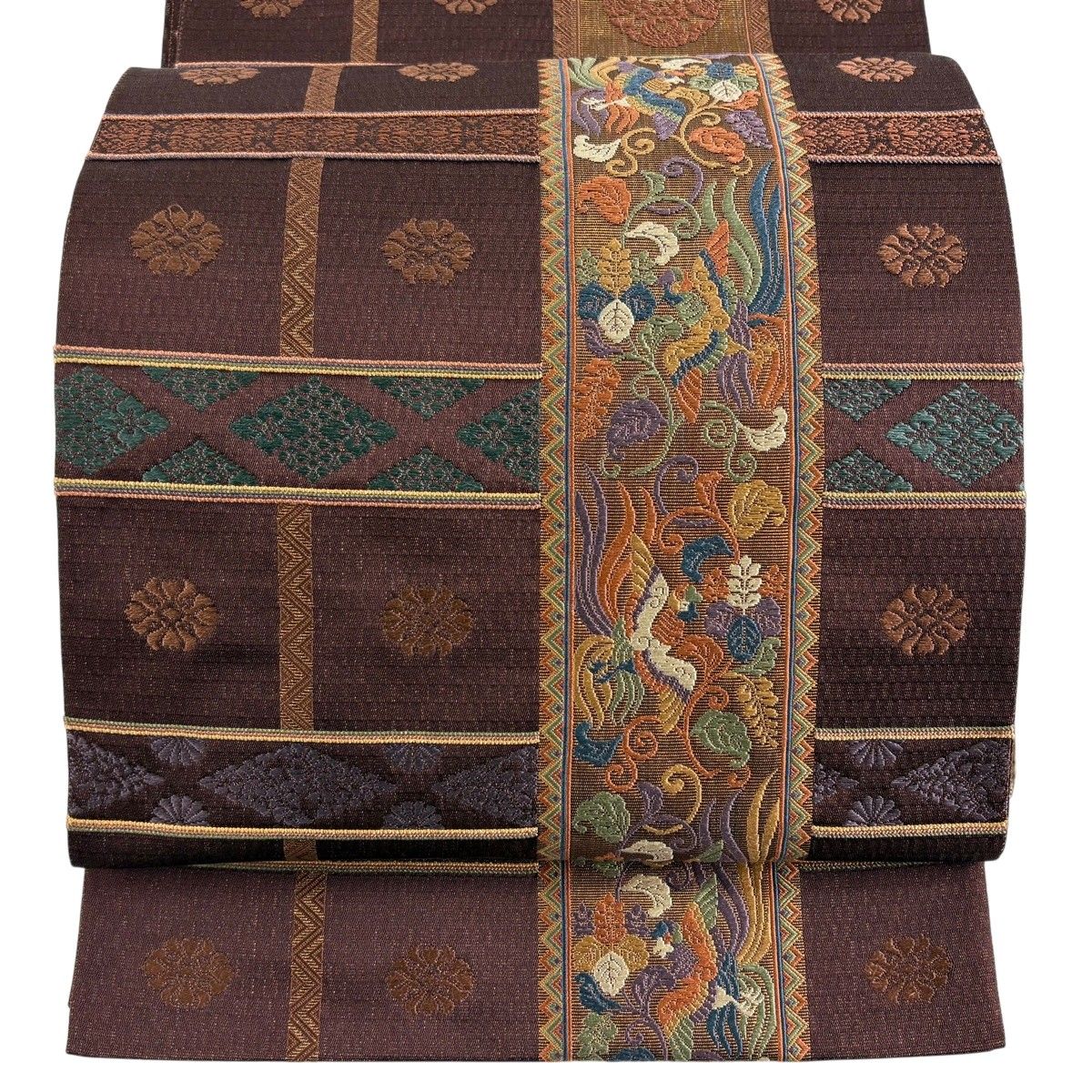 【美品】 袋帯 秀品 あけぼの繭 花鳥 花菱 金通し 箔 茶紫 お太鼓柄 正絹 【中古】
