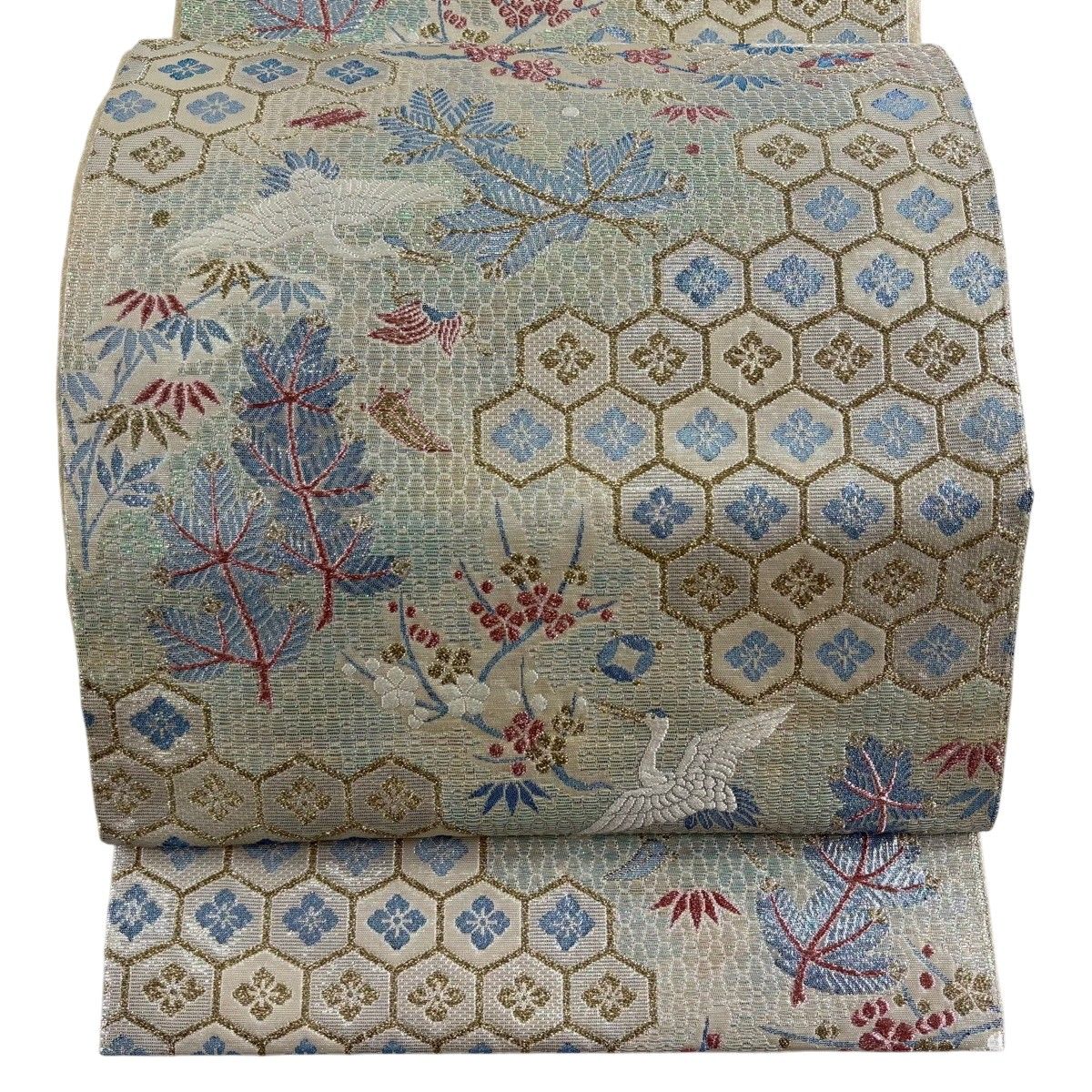 【美品】 袋帯 秀品 亀甲松竹梅鶴文 金糸 箔 青緑 六通 正絹 【中古】