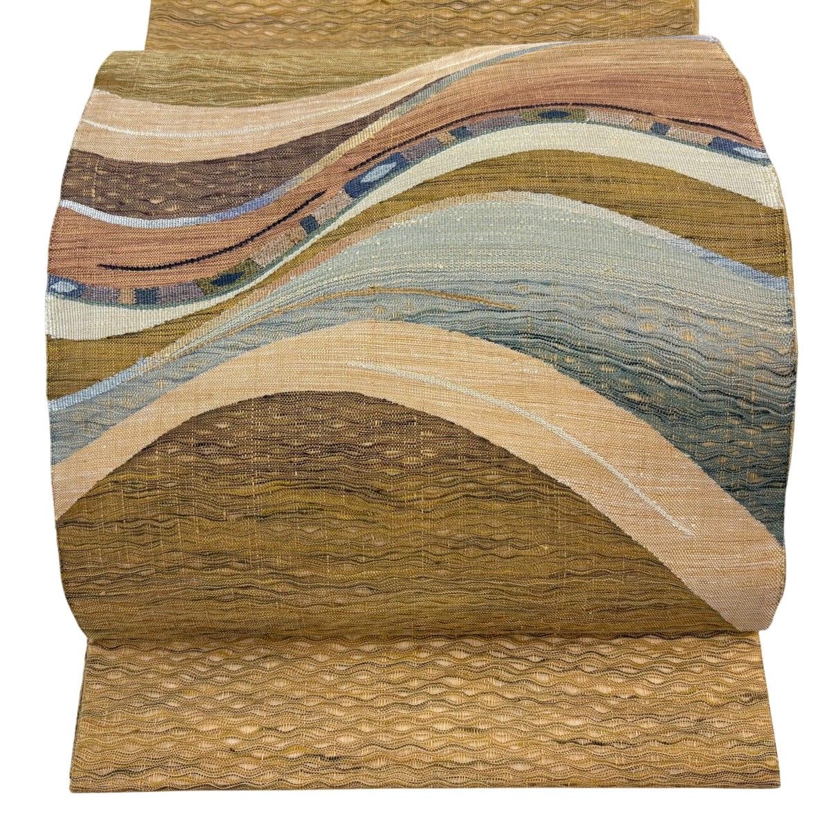 【美品】 袋帯 秀品 よろけ縞 幾何学模様 黄土色 お太鼓柄 正絹 【中古】
