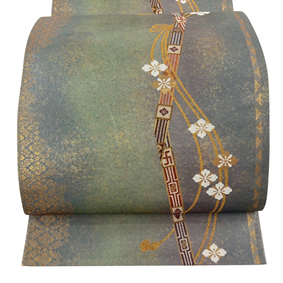 【美品】 袋帯 秀品 花菱 組紐 金糸 箔 茶緑色 六通 正絹 【中古】